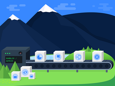 Rambler/Adtech — illustration adtech conveyor icons illustration mountains rambler