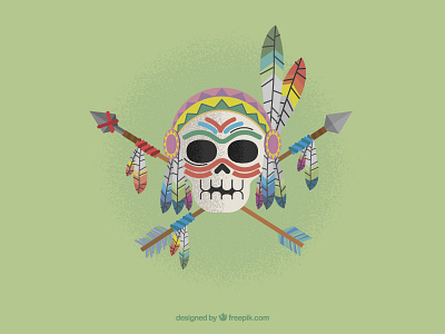 Flat Indian Skull 02 antique axes decoration feathers indian native ornamental skeleton skull