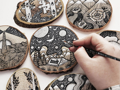 Black & White Wood Slices // menisart.etsy.com animal. scenery art black and white design floral graphic design illustration ink landscape pen surreal wood
