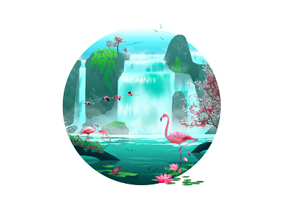 The Cascades 🦩 animals art blue design drawing flamingo flat graphic design illustration lake nature oasis photoshop pink plants tranquility travel vacation water waterfall