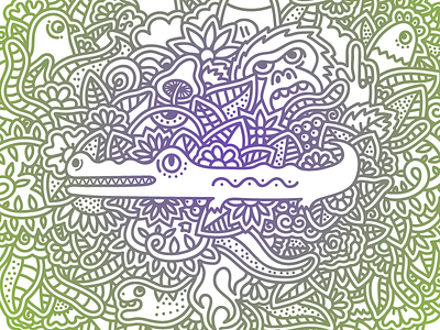 Jungle Pattern bird cock crocodile flower green jungle leaf monkey mushroom pigeon snake violet