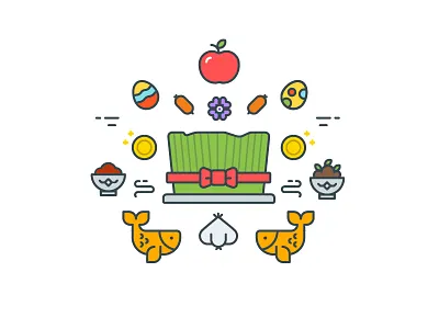 Happy New Year apple coin egg fish flower garlic happy icon line plant year