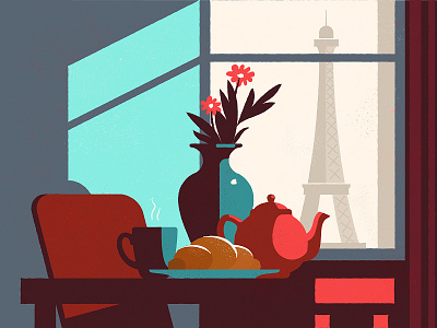 Morning breakfast coffee croissant eiffeltower flowers illustration morning tea