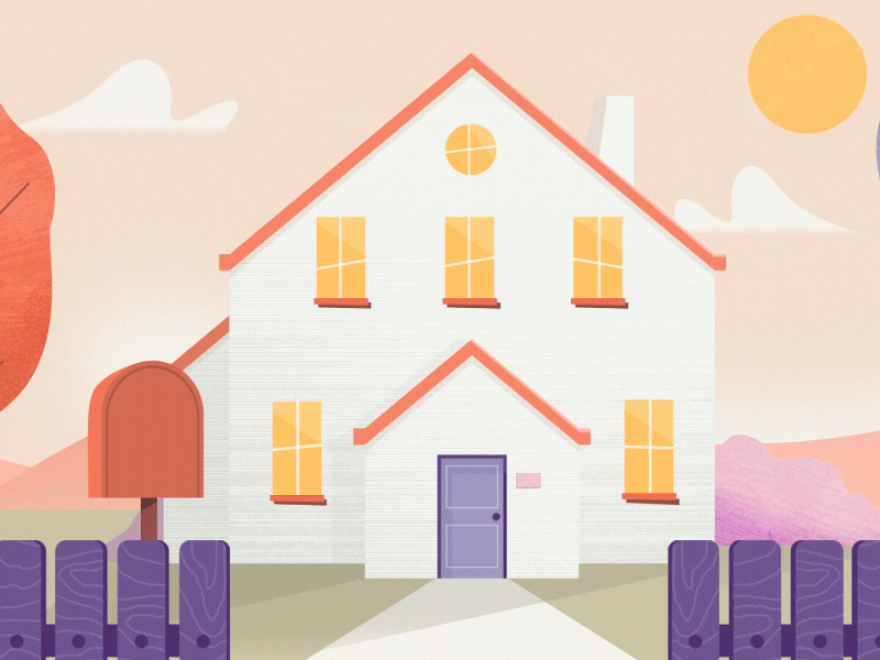 Home Sweet Home animation bird family fence gif home house mailbox neighbourhood sun