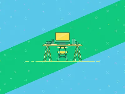 Workspace books case chair cup green illustration imac light pen vector work yellow