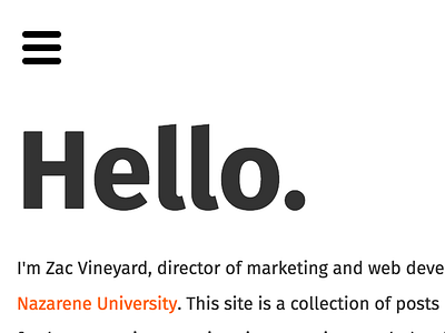 The new zacvineyard.com hamburger menu minimalist web design