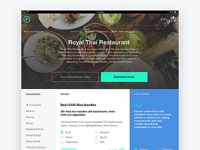 Restaurant menu page for Pickle marvel prototype ui design