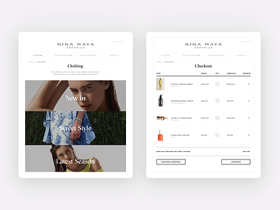 Category and checkout pages for Nina Maya e commerce rwd shopify ui design uxui