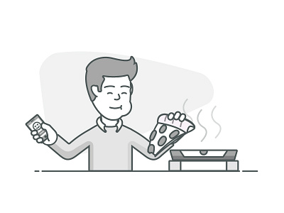 Pizza Man B&W eating mobile phone pizza