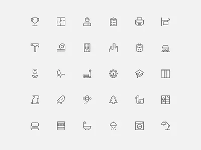 Iconography set bath bee bird flower hammer icon iconography lamp printer rabbit tree trophy