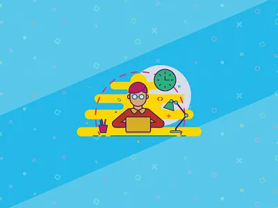 Working Time character colorful flat illustration lamp laptop office student time vector work workspace