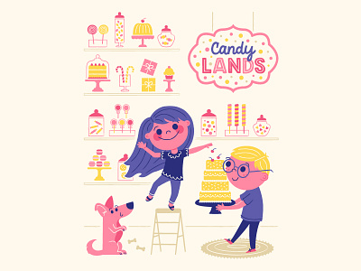 Candy Lands boy cake candy cherry cupcake cute dog girl illustration lollipop macaron typography