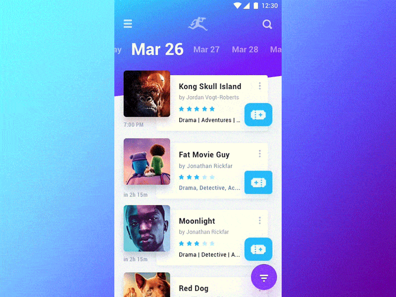 Cinema Club Fest. Interaction app cinema list material mobile movie poster principle tickets ui ux