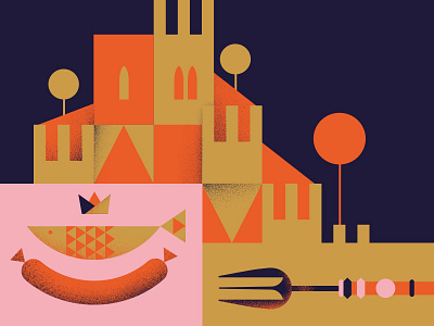 Magna Manjua castle fork illustration lisbon medieval sardine saussage trees