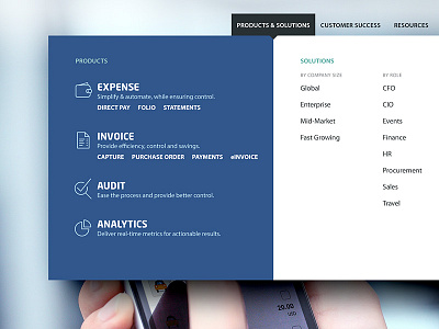 Mega menu dropdown expense exploration menu navigation product solutions website