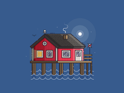 Red Fisherman House background fisherman house flat design house landscape red seaside stilt house