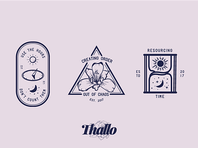 Thallo Badges badges branding events floral flower hourglass lockup logo moon sun sundial time