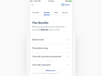 Plan Benefits blue health medical mobile navigation oscar oscar health tab toggle ui ux