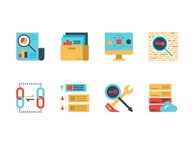 SEO Flat icons analysis cloud content database flat icon keyword page ranking seo web website