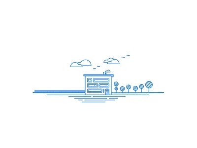 House illustration - Linear Study birds blue clouds fence garden house illustration linear lines trees