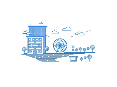 Ferris Wheel illustration - Linear Study birds blue clouds ferris house illustration linear lines skyscraper tree trees wheel
