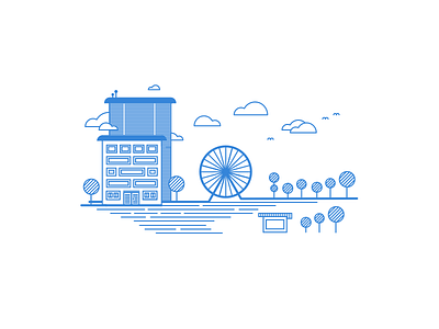 Ferris Wheel illustration - Linear Study birds blue clouds ferris house illustration linear lines skyscraper tree trees wheel