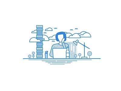 Girl study illustration - Linear Study birds blue clouds computer drink girl illustration light line linear table tree