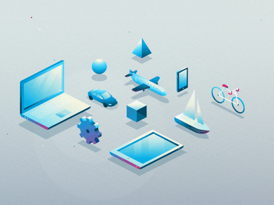 Isometric items animation boat bycicle car cube fab design gear isometric laptop motion design phone plane