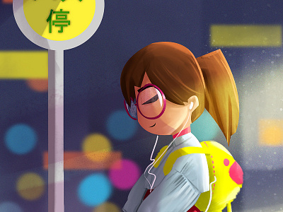 Bus stop cartoon cute girl illustration japan music night song