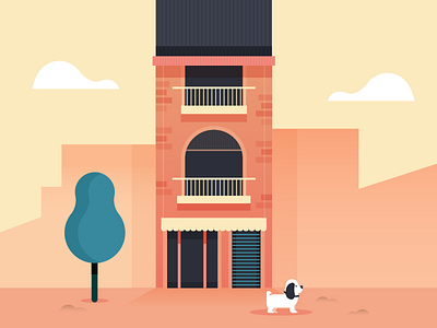 Little dog outside house architecture building house illustration landscape scene