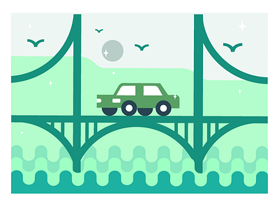 Bridge bridge car design flat night sea stars