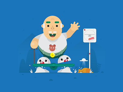 With grandpa blue cat explore flatdesign grandpa hoverboard illustration