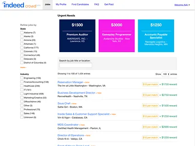 Indeed Crowd filters jobs pay recruiting sourcing ui
