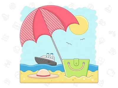 Beach vacation beach cruise hat holiday icon illustration sand sea sun sunshade tourism