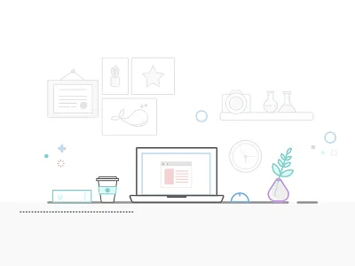 Workspace 2d colorful cute desk flat illustration line art minimal office space planter vector