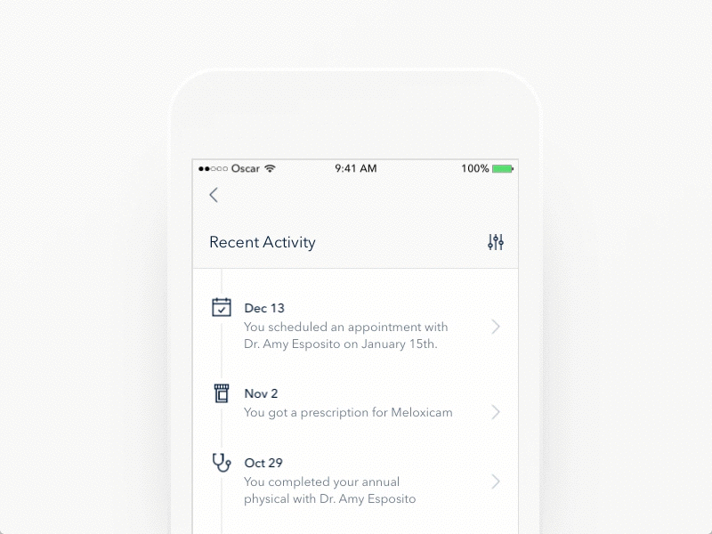 Pull to refresh activity filter health icon mobile oscar oscar health principle timeline ui ux