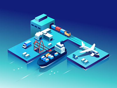 Inter-connected air cargo connected dramatic freight isometric rail road ship supply chain