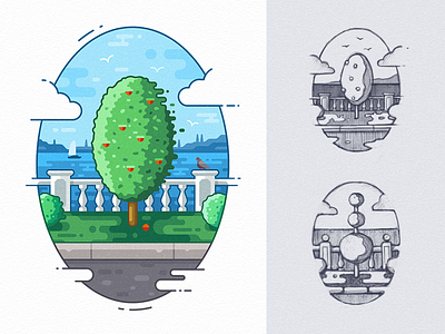 Landscape design illustration apple tree architecture birds brand identity illustration clouds flat illustration foliage game design grass ground illustration art illustration design landscape design landscape illustration magazine illustration promenade ui illustration vector graphic web page illustration yacht