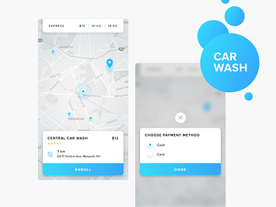 Kovsharova Carwash app car card carwash interface map mobile payment ui ux wash