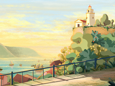 The Way Back Home beautiful boat coast evening hillside lighthouse sea sky sunset tree view warm
