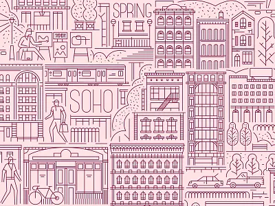 SOHO bars buildings cafe cars characters manhattan new people soho train trees york