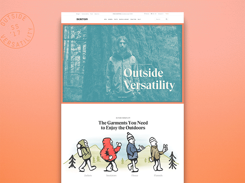 Burton SS '17 Landing Page animation badge bitmap illustration landing page seal type typography ui web