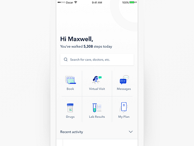 Homescreen Concept grid health homescreen icon medical mobile oscar oscar health redesign search timeline ui ux