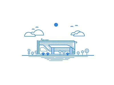 Double-decker Bus Illustration - Linear Study blue bus cloud doubledecker drive line art pattern road sun travel tree wheel