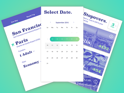 Stopover App Exploration cards date picker destinations mobile search travel