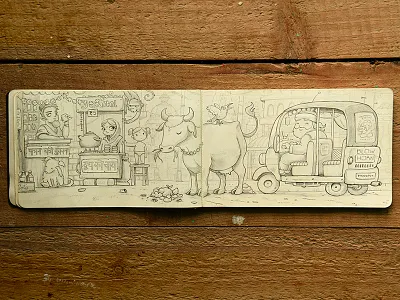 Una calle en la India chai cow holy india monkey rickshaw shop sketch street tea travel tuk tuk