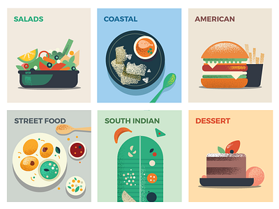 Global Cuisine american coastal dessert illustration mangalore pani puri pastel salad south india street food taste texture