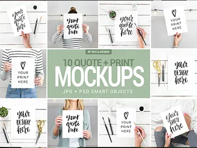 Female quote & print mockups brush female feminine flatlay holding mockups paper photo print quote stock woman