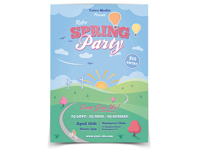 Spring Party Flyer country festival illustration landscape nostalgic outdoor poster print design retro scenery template vector