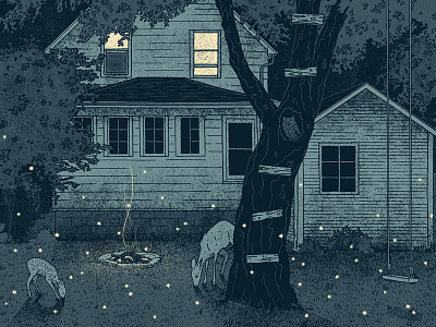 Gig Poster Teaser campfire deer gig poster house illustration nicholas moegly night poster shadows swing tree